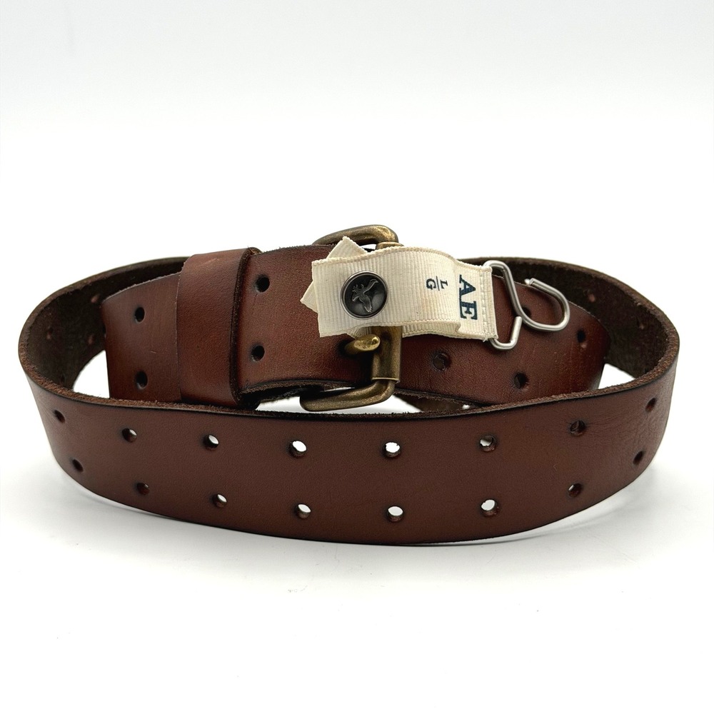 Y2K Style American Eagle Brown Leather Belt Mens L NWT Wide Brass Buckle 2 Prong